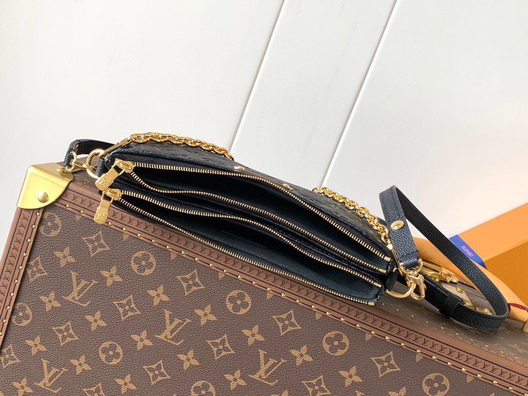 LOUIS VUITTON detachable and adjustable shoulder strap zipper closure embossed soft grain leather shoulder crossbody clutch women's black