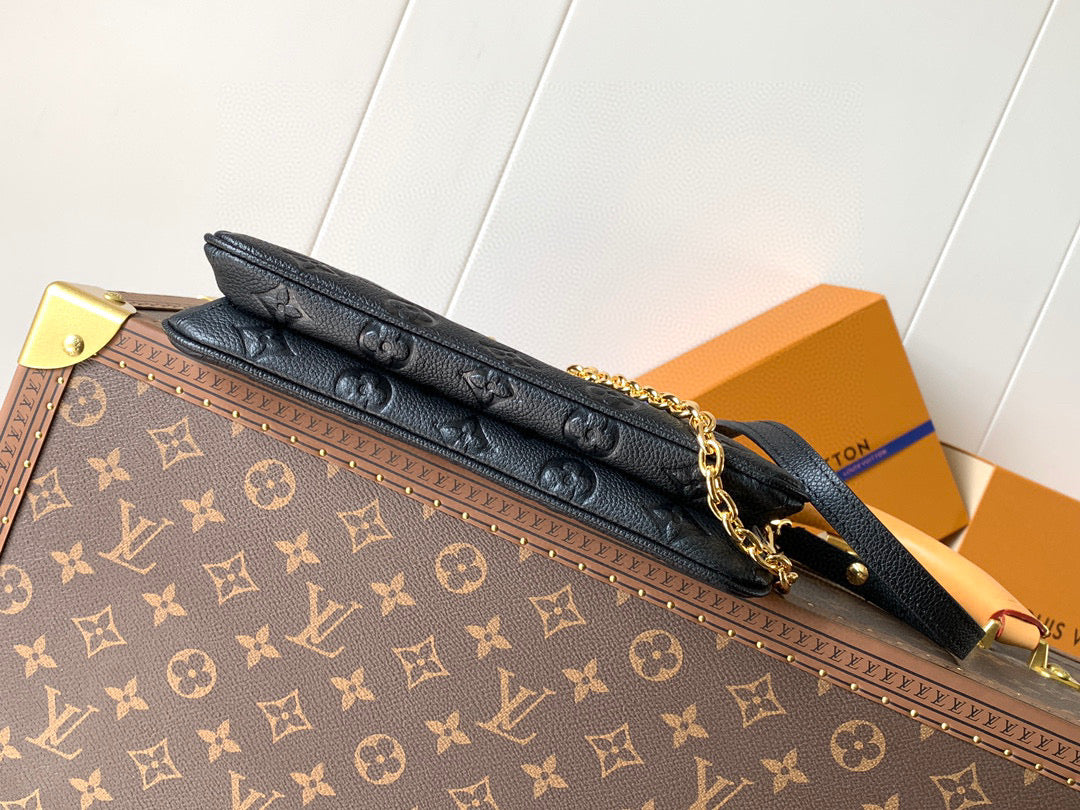 LOUIS VUITTON detachable and adjustable shoulder strap zipper closure embossed soft grain leather shoulder crossbody clutch women's black
