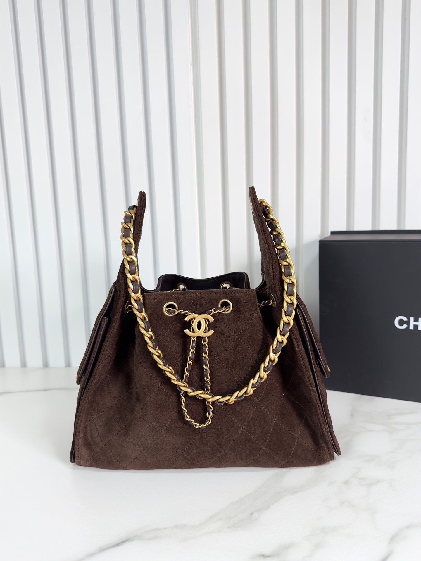CHANEL 25b 25bag brown suede drawstring bucket bag small size