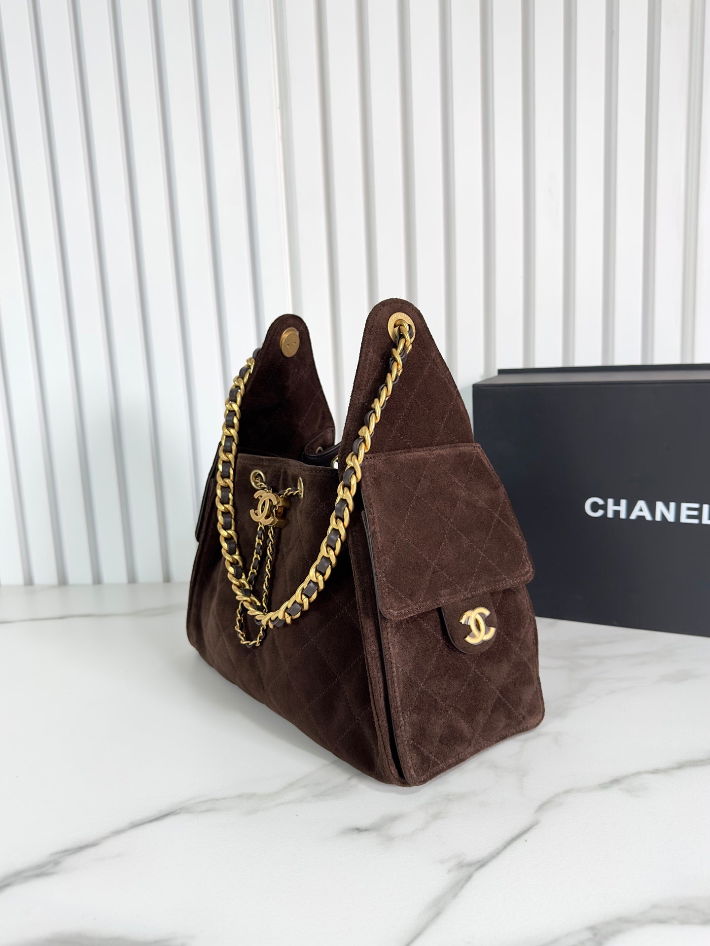 CHANEL 25b 25bag brown suede drawstring bucket bag small size