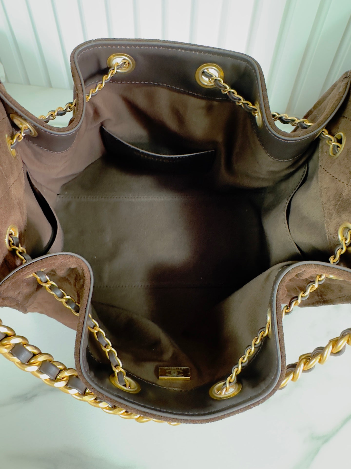 CHANEL 25b 25bag brown suede drawstring bucket bag small size