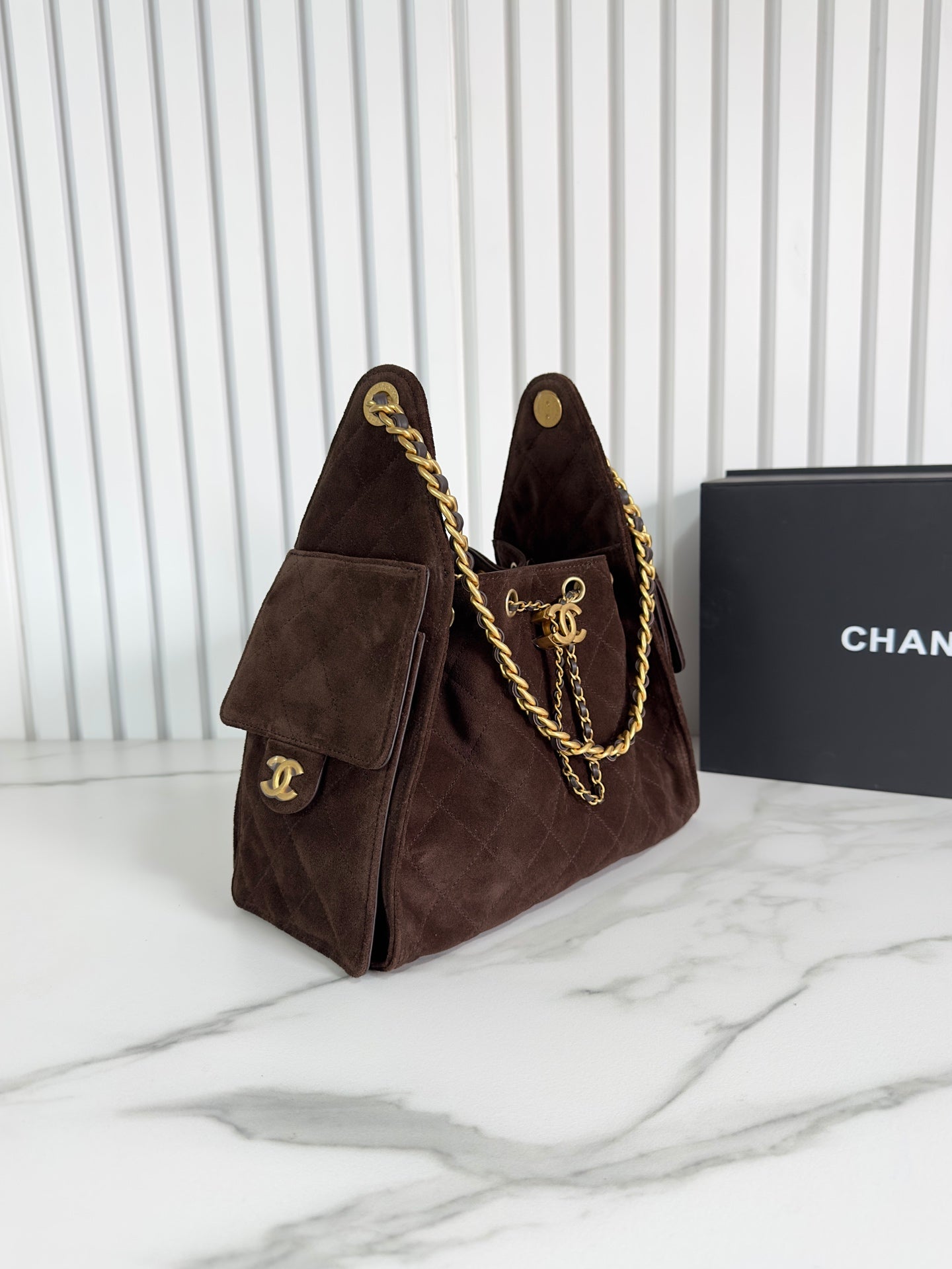 CHANEL 25b 25bag brown suede drawstring bucket bag small size
