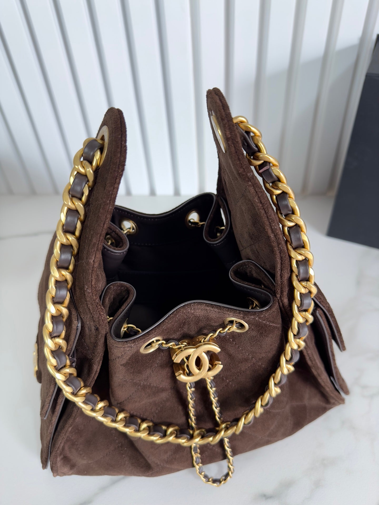 CHANEL 25b 25bag brown suede drawstring bucket bag small size