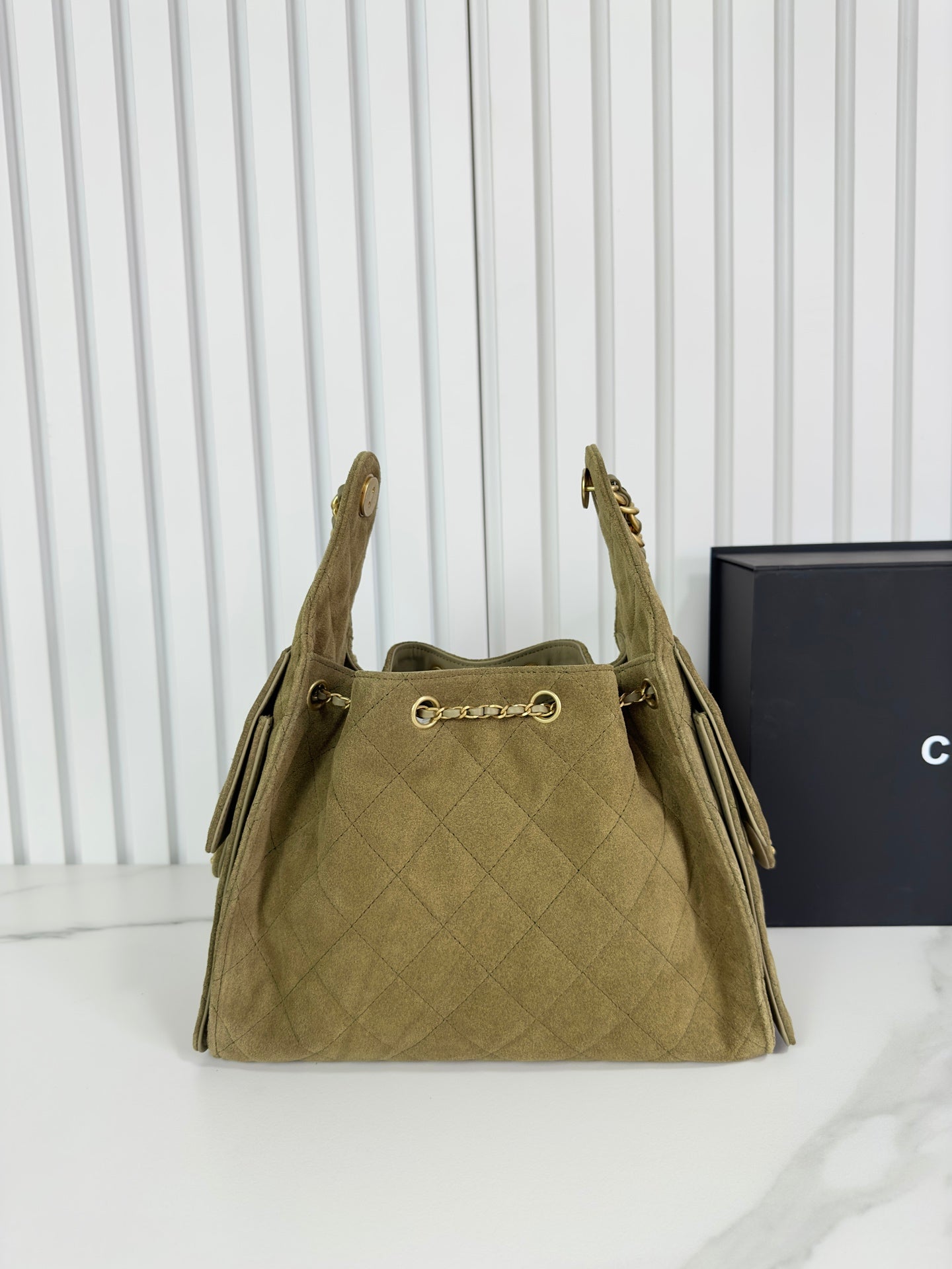 CHANEL 25b 25bag gray-green suede drawstring bucket bag small size